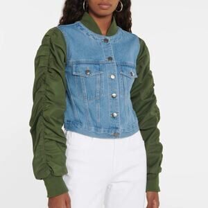 Veronica Beard Jeans Emelia Denim Paneled Bomber Jacket - Blue + Green - Size XS